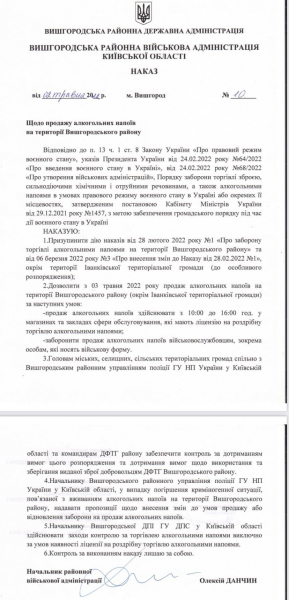 У Вишгородському районі Київщини відновлюється продаж алкоголю (документ)