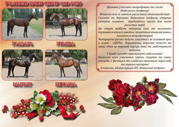 У неділю на Київському іподромі коні рисистих порід змагатимуться за почесну нагороду “Дербі”