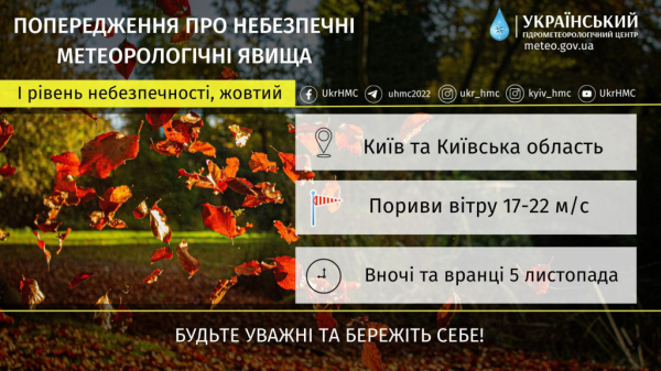 Мешканців Києва та області попереджають про сильні пориви вітру в неділю, 5 листопада