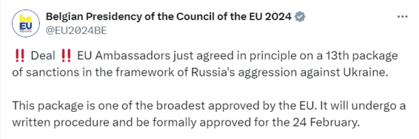 Посли ЄС погодили “один з найширших” пакетів санкцій проти РФ